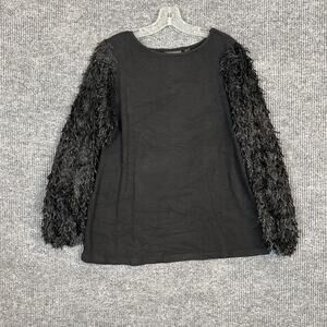 Susan Graver Occasions Women Rib Knit Top Embellished Sleeves Black Size Large